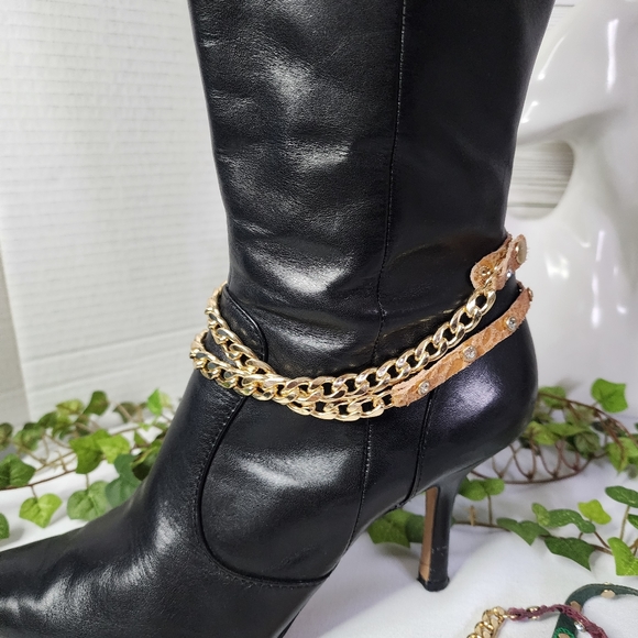 Gold Cuban Link Chain and Camel Color Leather Boot Ankle Bracelet - Picture 4 of 8